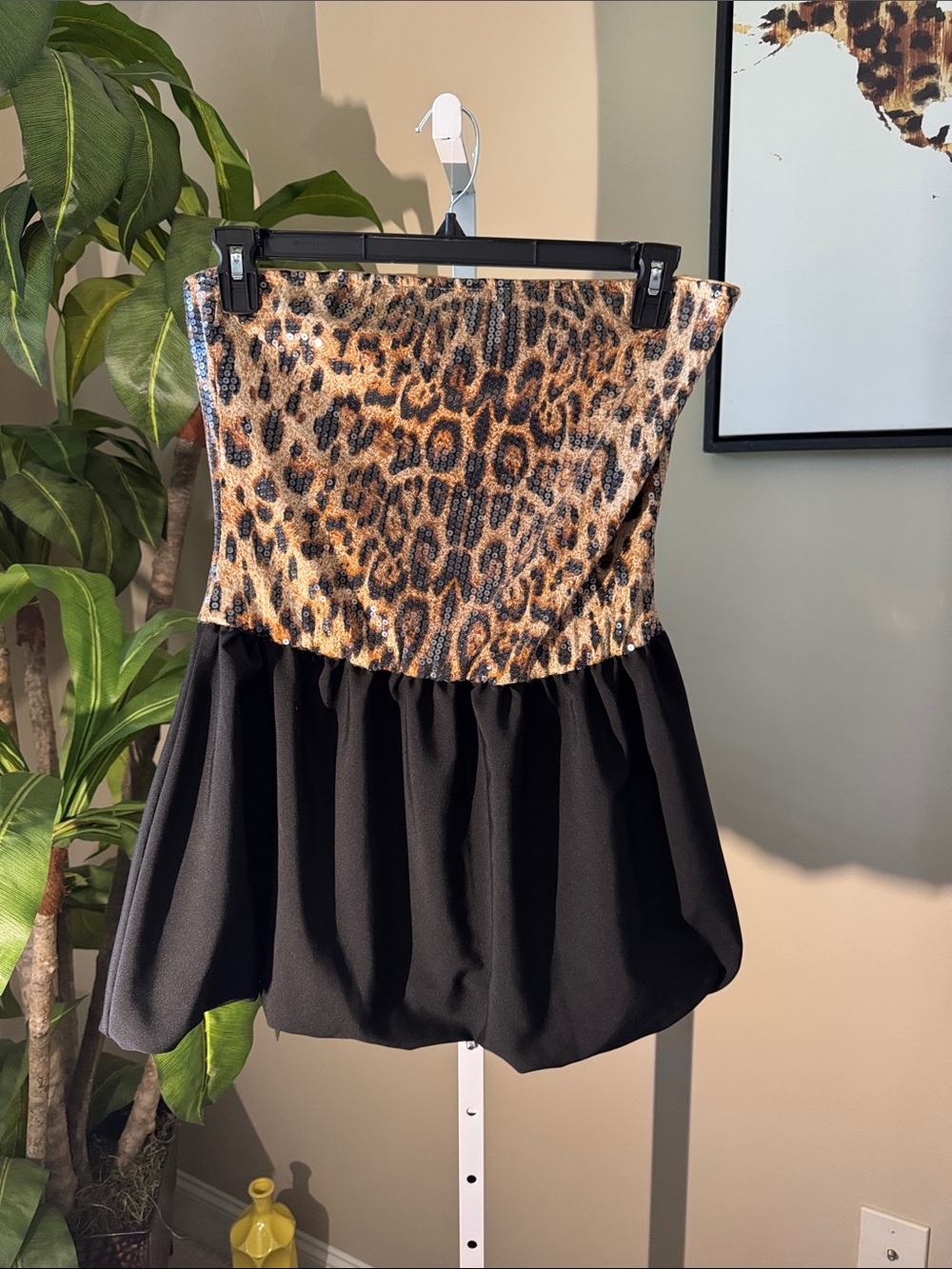 Leopard Print Strapless Mini Dress Black Bubble Hem size XL